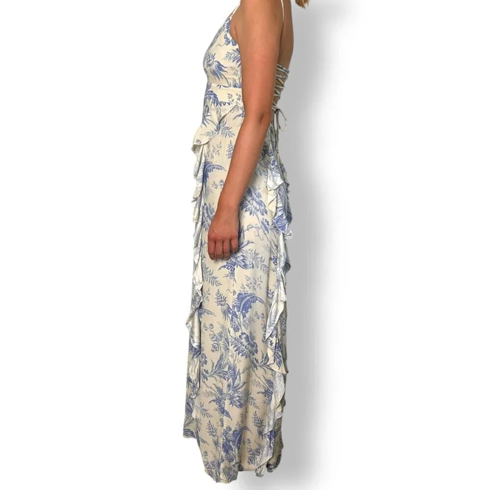 Chaser Maxi Dress Blue Cream Toile Ruffle Lace Up Back Sz XS Victorian Garden